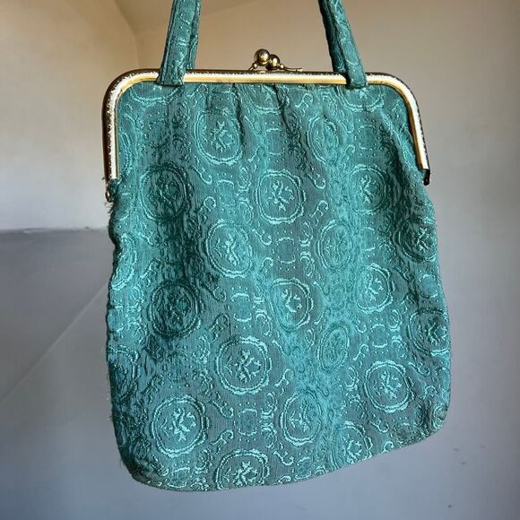 Antique Vintage‎ Teal Seafoam Green Handbag Kiss Lock Purse Tote Gold Tapestry - Picture 8 of 9
